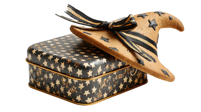 Witch hat shaped cookie gift tin decorated with ribbon, isolated on white background
