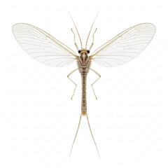 Detailed mayfly insect close up on white background for science and educational resources, biology study
