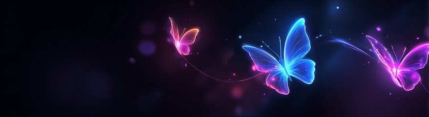 Fantasy neon butterflies with glowing wings and light trails on dark background