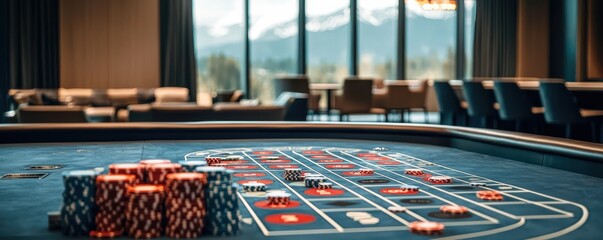 Elegant casino setting with roulette table and vibrant poker chips overlooking mountains.