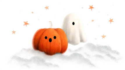 Night sky with constellation shaped like pumpkin, ghost shooting stars flying, isolated on white background