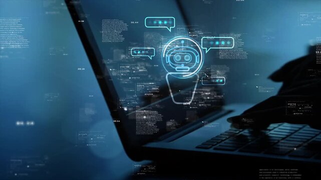 Chat Bot Chat with AI or Artificial Intelligence technology. Woman using a laptop computer chatting with an intelligent artificial intelligence asks for the answers he wants. ChatGPT