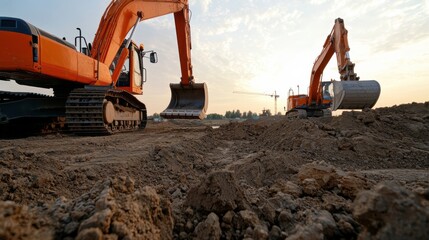Excavators working on a construction site during a vibrant sunset, showcasing machinery.