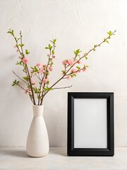 Watercolor a vase of pink blossoms next to a black picture frame
