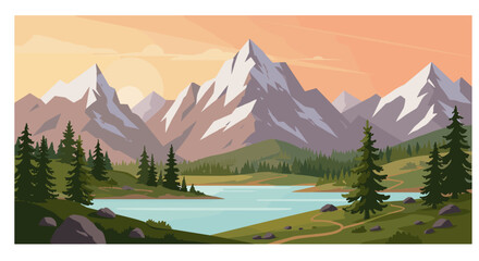Fototapeta premium Idyllic mountain landscape at sunset with lake and pine trees in flat design
