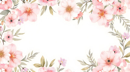 Floral Frame with Pink Flowers and Green Leaves Watercolor