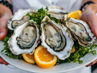 Fresh oysters served on a bed of greens with orange slices, perfect for seafood lovers.