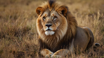 Obraz premium Lion Sitting in Tall Grass Looking Forward