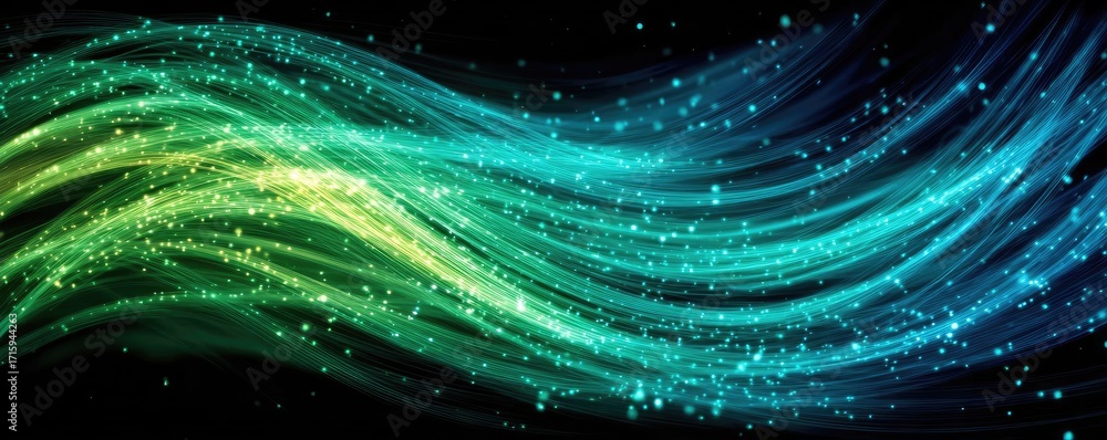 Poster glowing light blue and green lines background concept. abstract colorful light waves with sparkles o
