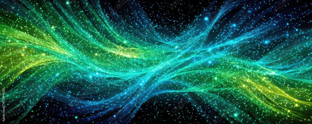 Poster glowing light blue and green lines background concept. vibrant abstract design with flowing lines an