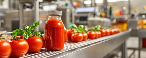 Fresh tomatoes on a production line with a glass bottle of tomato sauce.