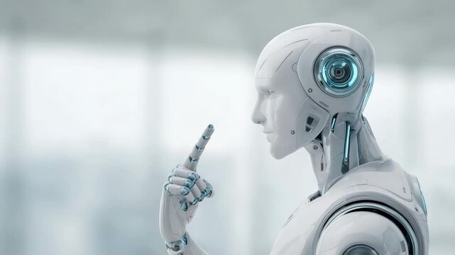 Advanced humanoid robot raising its index finger to its head, symbolizing thinking process, artificial intelligence, and futuristic technology in a modern office environment