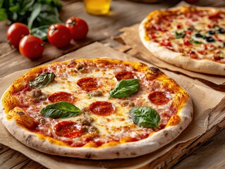 Freshly baked pizza topped with pepperoni, cheese, and basil leaves.
