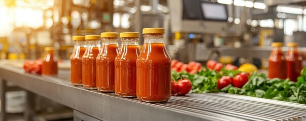 Freshly bottled tomato sauce on a conveyor belt in a vibrant production facility.