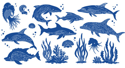 Intricate marine life silhouette of dolphins, sharks, and fish with ocean elements in blue