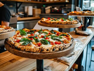 Freshly made pizzas with vibrant toppings on wooden stands in a cozy restaurant.