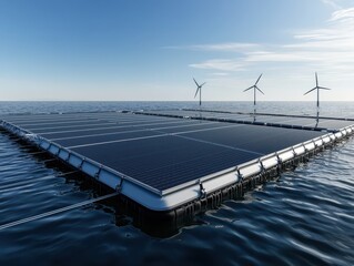 Innovative renewable energy solution with solar panels and wind turbines on water surface.