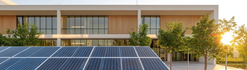 Modern building with solar panels and greenery under a clear sky at sunset.