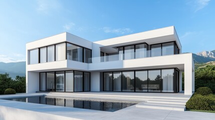 Modern, minimalist house with large windows and a serene outdoor space.