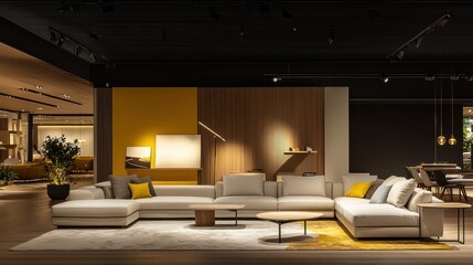 Modern living room interior with stylish furniture and warm lighting.