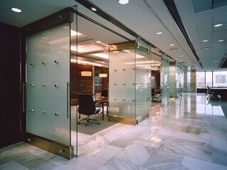 Modern office interior with glass walls, marble floor, and a professional ambiance.