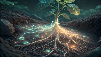 Plant roots system illustration for science and nature concept with glowing effect in dark ground soil art