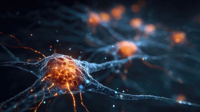 Human brain neurons firing in detailed close up concept. Close-up of neurons with glowing connections and vibrant details.