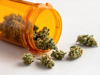 Orange prescription bottle with cannabis spilling out on a light background.