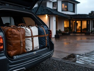 Packed luggage in car, ready for an adventure in a cozy home setting on a rainy day.