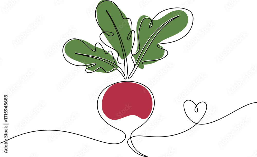 Poster continuous one line drawing of radish in minimalist modern style vector illustration representing fr