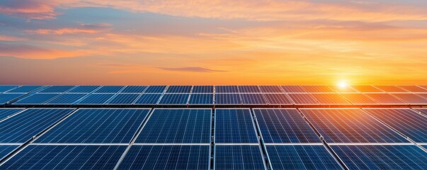 Solar panels absorb sunlight at sunset, promoting renewable energy solutions.