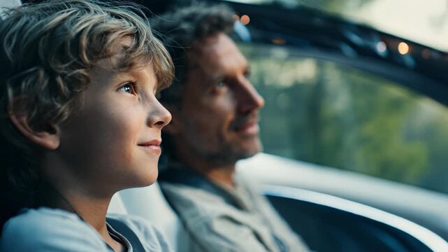 A family enjoying a ride in a driverless car technology vehicle, a scene of future lifestyle.