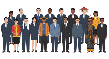 Diverse group of professionals in business attire and traditional outfits