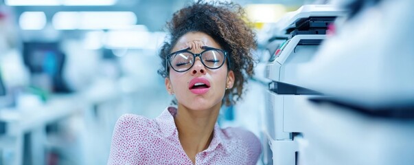 Stressful office scenario featuring a frustrated woman with glasses at work.