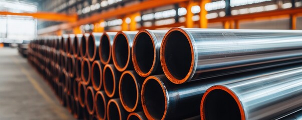 Stacked metal pipes in a spacious industrial setting, showcasing modern manufacturing.