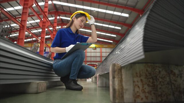 Young female workers are talking and inspecting steel plates for multipurpose forming before they are sent to the production line in a factory