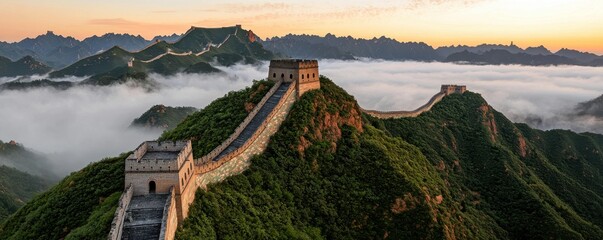 Stunning view of the Great Wall of China at sunrise above the clouds.