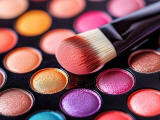 Vibrant colors of makeup palettes with a brush ready for application.