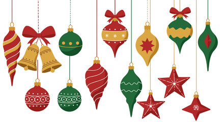Festive hanging ornaments in red and green for holiday decorations