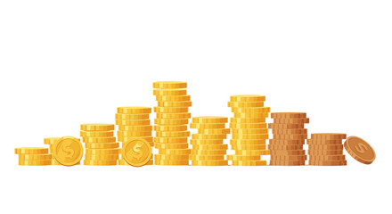Stacks of gold and copper coins arranged in increasing order on white background