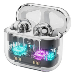 Transparent Wireless Earbuds with Glowing Circuitry: High-Tech Audio Product Showcase