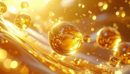 Golden liquid with bubbles and strands, abstract and shiny.