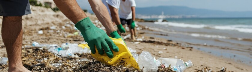 Volunteers cleaning up plastic waste from a beach to protect marine life and promote sustainability.