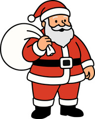 santa claus in red costume holding gift bag, cheerful festive vector illustration