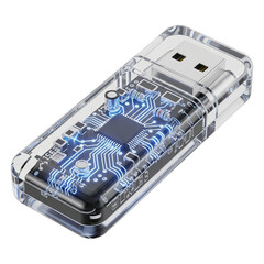 Transparent USB Flash Drive:  High-Tech Circuit Board, Glowing Blue, Modern Design, Data Storage Concept.
