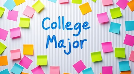 Hand writing college major with colorful sticky notes on white background