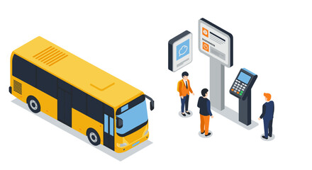 Public transport isometric scene with bus and ticket machine