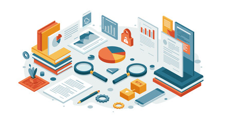 Obraz premium Isometric office data analytics workspace with charts and documents