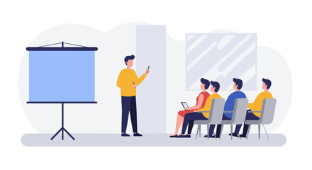 Modern flat style office presentation with engaged team audience and business speaker