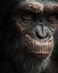 Hyper realistic close up of chimpanzee face with wrinkled skin deep eyes and lifelike fur textures